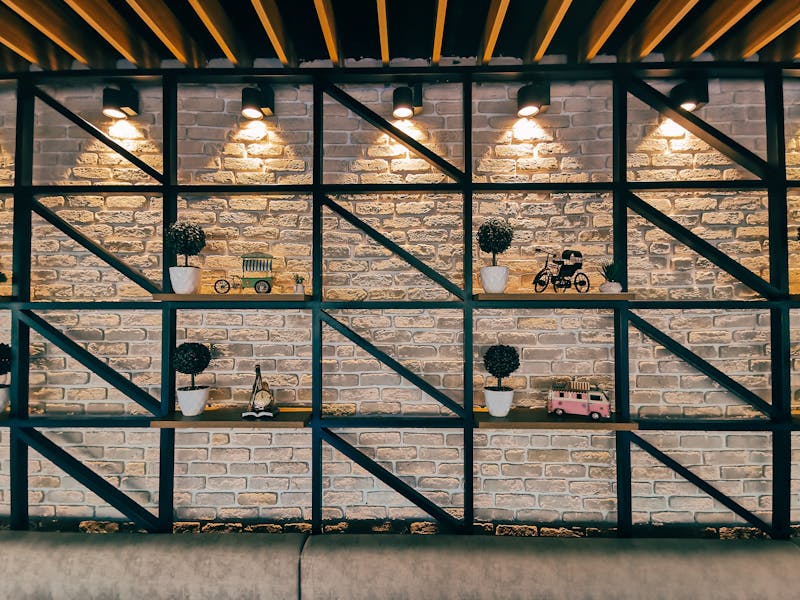 Round table pizza restaurant interior with warm ambiance
